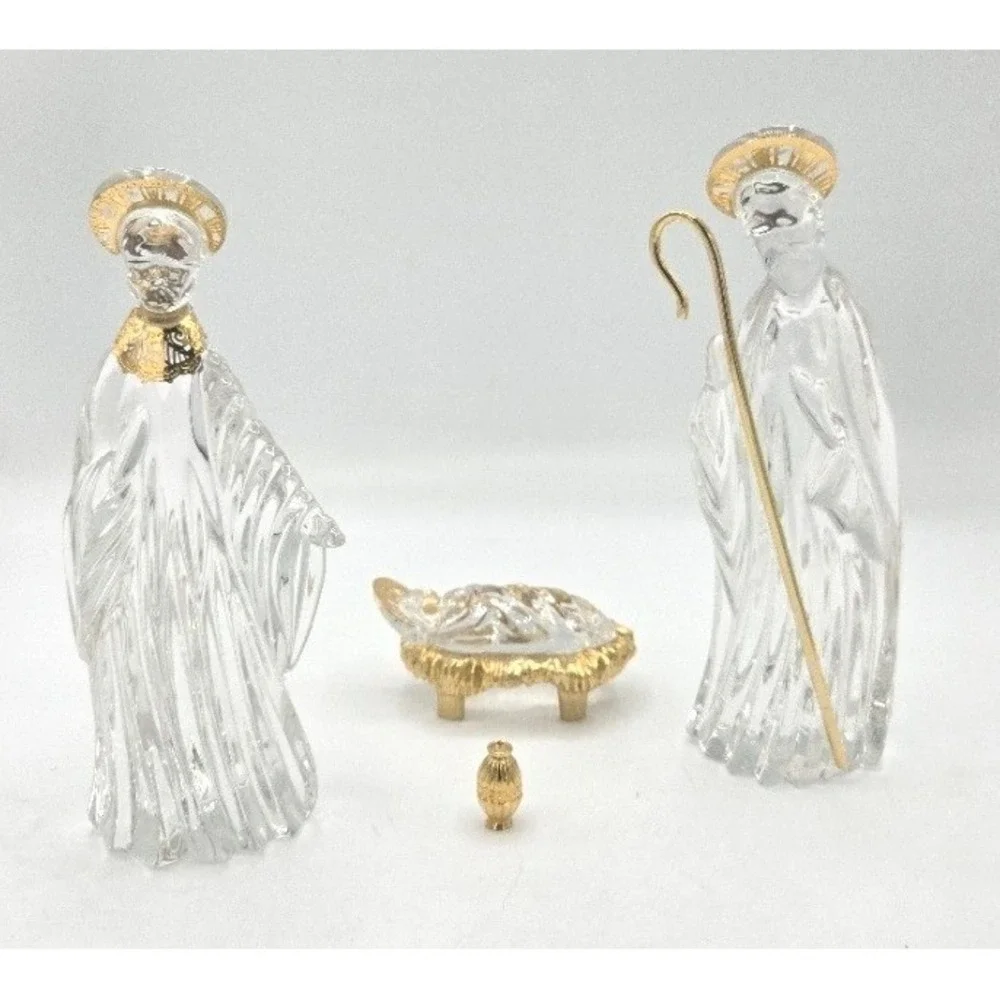 Gorham Full Lead Crystal 3-Piece Nativity‎ Set with Gold Trim